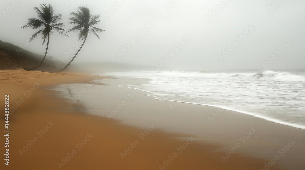 Poster beautiful beach with a palm tree reflected in wet sand creating an abstract tropical scene under a c