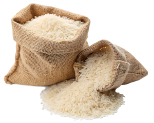 white rice in burlap sack bag isolated on white background, PNG