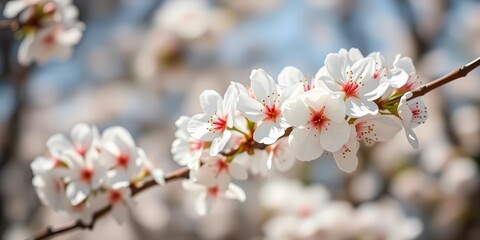 Obraz premium Close-up of delicate white cherry blossoms on a branch, sunlit, shallow depth of field Hello Spring, closeup, hello spring