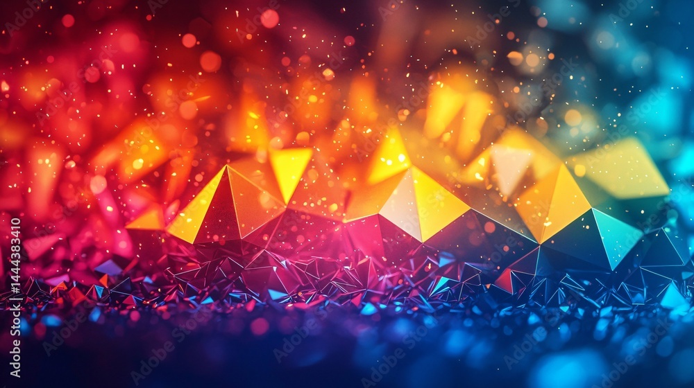Poster colorful background with multiple triangles showcasing vibrant tones and soft ambient glow in an eng