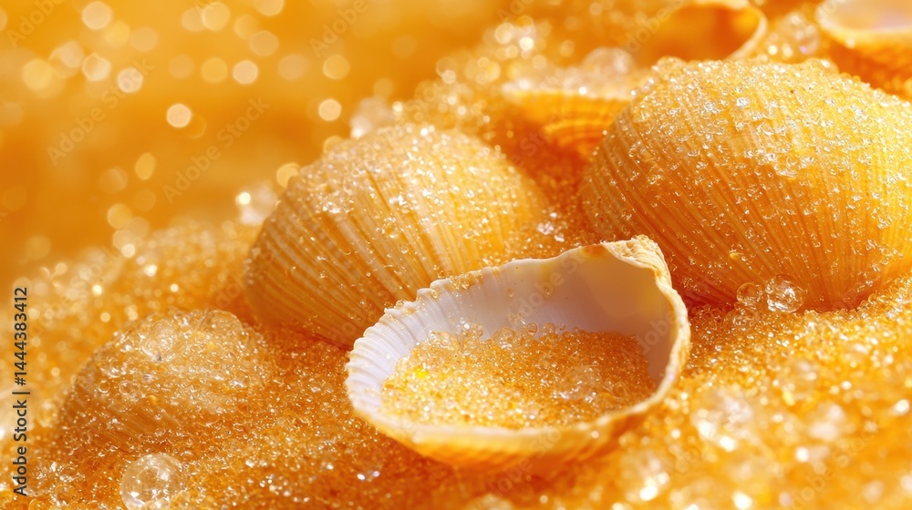 Poster intricate macro shot of sand grains and tiny shells on a serene beach with a beautiful coastal backg