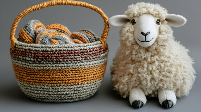 Knitted basket with colorful yarn and a sheep figurine against gray background