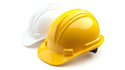 Fototapeta premium Yellow and White Hard Hats Protective Safety Gear on White Background Close Up View