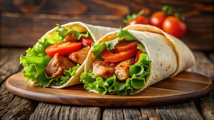 Sizzling BBQ chicken wrapped in a tortilla with crunchy lettuce and tomato, juicy, grilled,  juicy, grilled, food