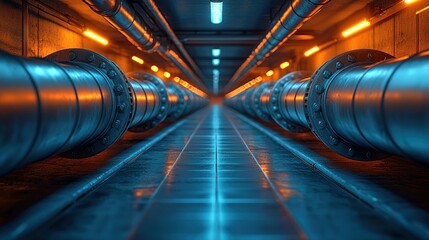 Fototapeta premium Illuminated pipes stretching down industrial corridor