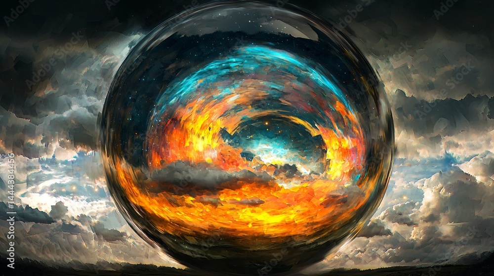 Poster enigmatic sphere floating against a bright sky background surrounded by atmospheric fog and cosmic r