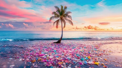 A lone palm tree rising from a beach littered with colorful plastic waste