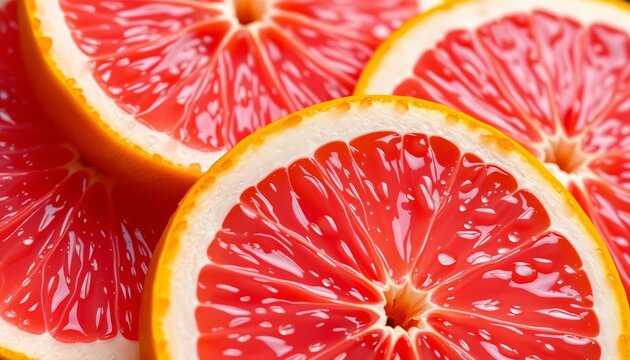 Close-up of glistening grapefruit slices, vibrant pink flesh, water droplets, yellow rind, bright, still life - Powered by Adobe