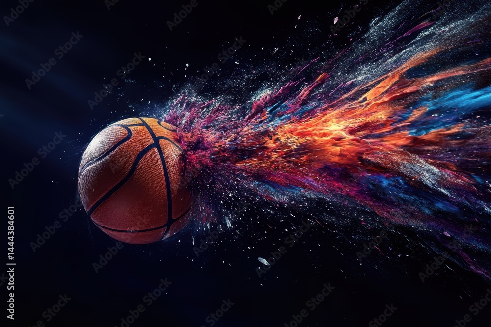 Poster a basketball with a colorful explosion effect against a dark background in a dynamic image style