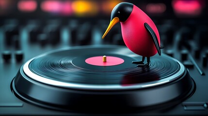 A vibrant, animated bird DJing on a turntable, with colorful lights in the background creating a lively atmosphere