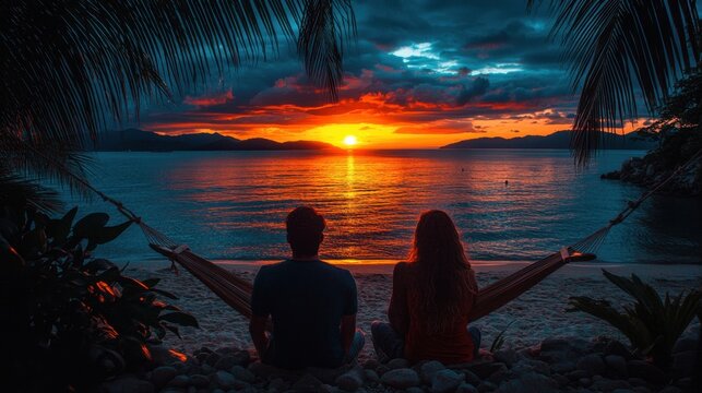 Loving couple sitting together on a beach watching the beautiful sunset while relaxing in a hammock between palm trees - Powered by Adobe