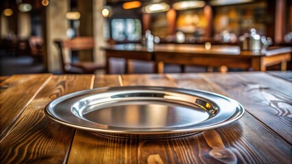 Fototapeta premium A shiny stainless steel diner plate with a subtle curve sitting on a wooden table in a classic American restaurant setting, restaurant decor, classics