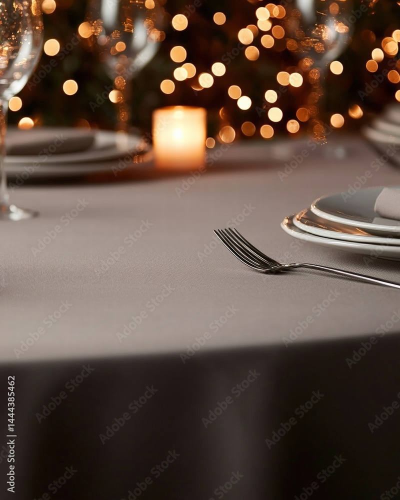 Poster elegant table setting with a candle surrounded by a beautiful christmas tree in the background