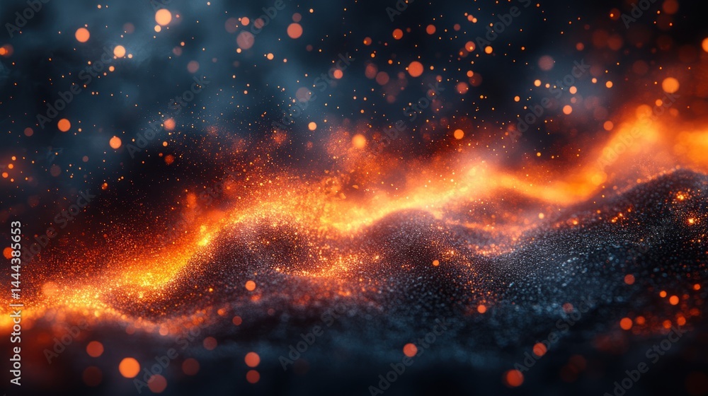 Poster abstract cosmic background with orange nebula and glowing particles in dark space.