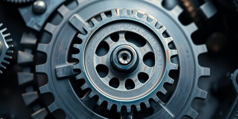 Close-up of intricate gear mechanism, metallic, interconnected, turning, apparatus, machinery