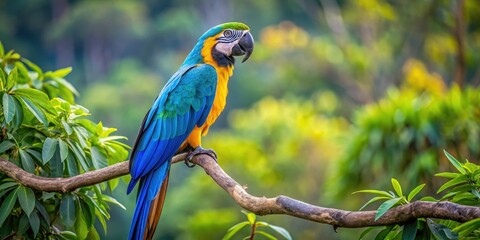 Vibrant Blue and Yellow Macaw perched on a branch in the lush Canopy of Chapada dos Veadeiros National Park, Nature, Amazonian Rainforest
