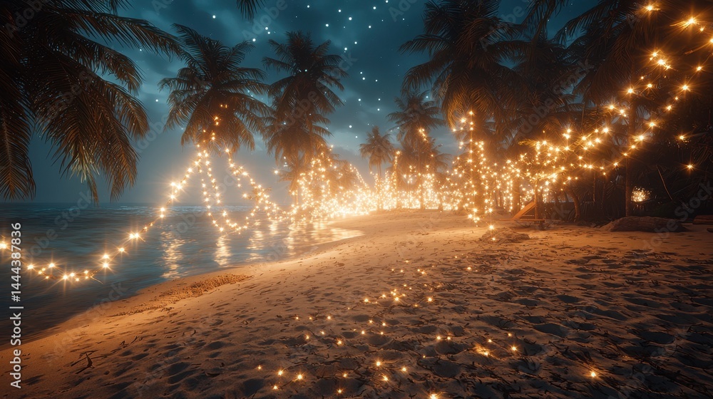 Poster beautiful beach scene with palm trees and decorative lights creating a relaxing atmosphere for eveni