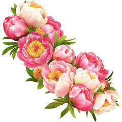 Beautiful bouquet of vibrant pink and cream peonies with lush green leaves, fresh floral arrangement, natural sptime flowers, detailed botanical blooms