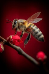 Honey bee close-up. Hovering on blooming flower. Insect. Bloom. Bee. Honeybee. Nature. Close-up.	
