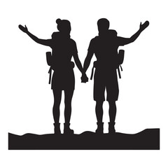 Couple Outdoors Vector Silhouette, Group of Hiking man Silhouettes. hiker with backpack and rucksacks silhouette.