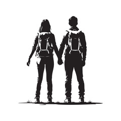 Couple Outdoors Vector Silhouette, Group of Hiking man Silhouettes. hiker with backpack and rucksacks silhouette.