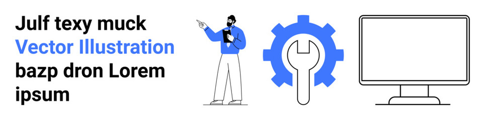 Person presenting with notepad, gear with wrench indicating settings or maintenance, and a computer monitor. Ideal for business, technology, education, development, workflow, innovation simple