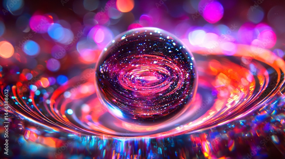 Poster beautiful glass ball reflecting a colorful background in a cosmic setting highlighting the depth and