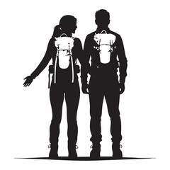 Couple Outdoors Vector Silhouette, Group of Hiking man Silhouettes. hiker with backpack and rucksacks silhouette.