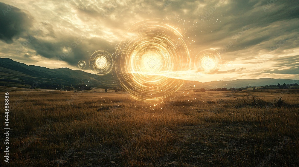Poster expansive field bathed in surreal dreamlike lighting creating a high-key atmosphere with mysterious 