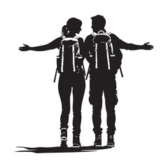 Couple Outdoors Vector Silhouette, Group of Hiking man Silhouettes. hiker with backpack and rucksacks silhouette.