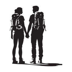 Couple Outdoors Vector Silhouette, Group of Hiking man Silhouettes. hiker with backpack and rucksacks silhouette.