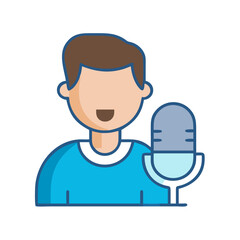 Podcast host with microphone. Studio recording icon vector.