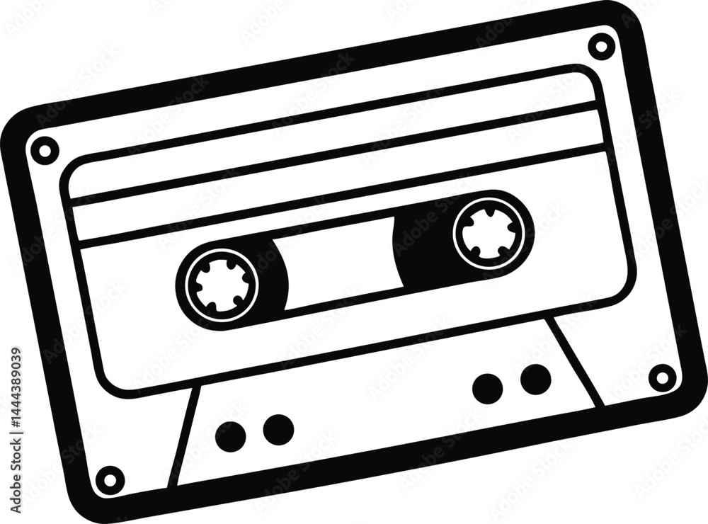 Poster cassette tape drawn in minimalist continuous line art style reflecting a classic audio device great 