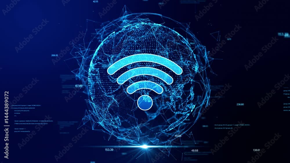 Poster global network and wi-fi concept. dot, number and text on blue background. animation 4k. 3d renderin