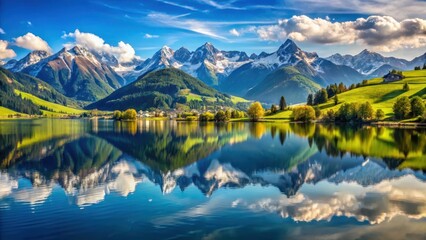 Fototapeta premium Panoramic mountain landscape with towering peaks and serene lake reflection in Zell am See District , alps, countryside