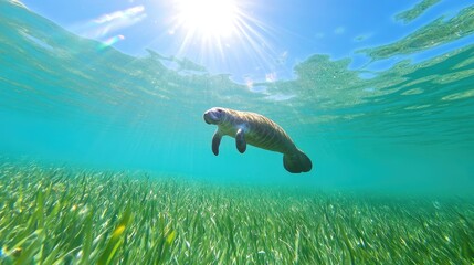 Underwater manatee surrounded by seagrass