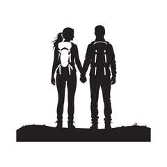 Couple Outdoors Vector Silhouette, Group of Hiking man Silhouettes. hiker with backpack and rucksacks silhouette.