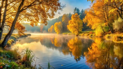Fototapeta premium Serene riverbank with golden autumn foliage, misty morning atmosphere