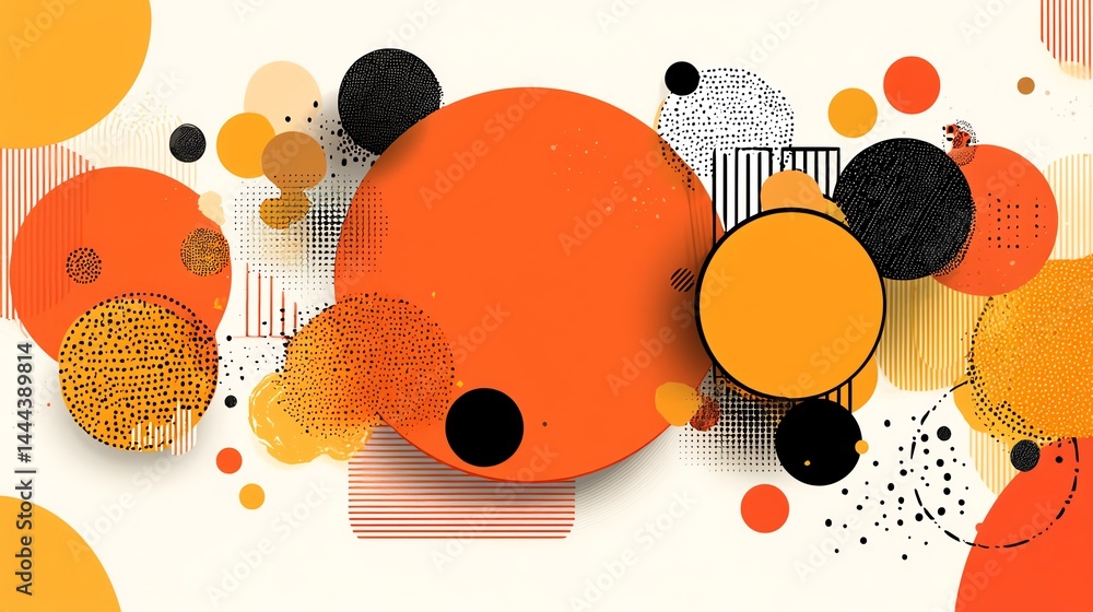 Poster abstract orange and black circle composition with geometric patterns design