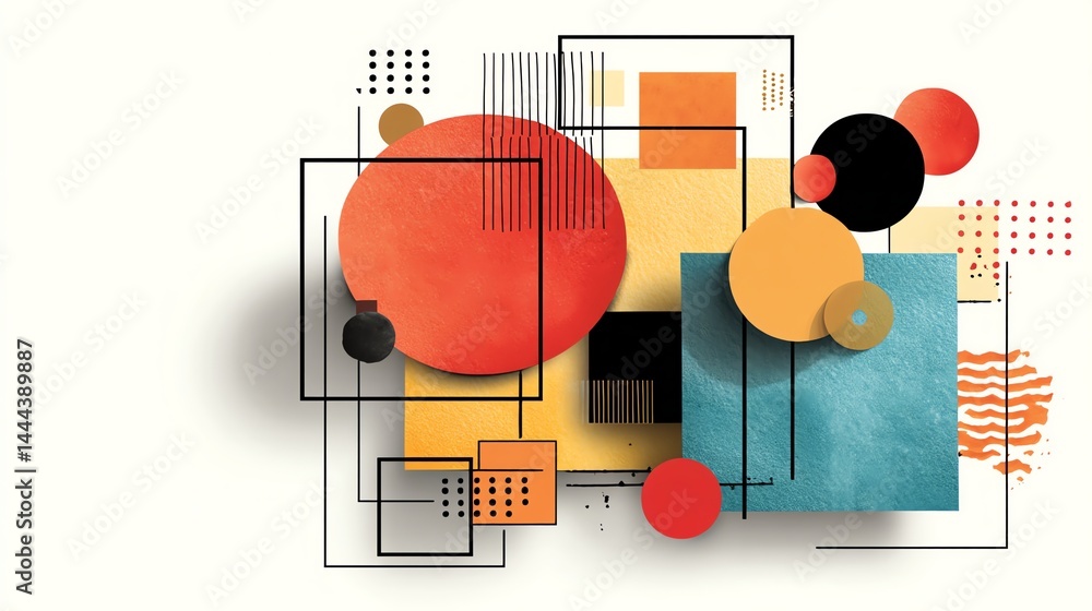 Poster abstract geometric composition with circles squares and lines in vivid colors