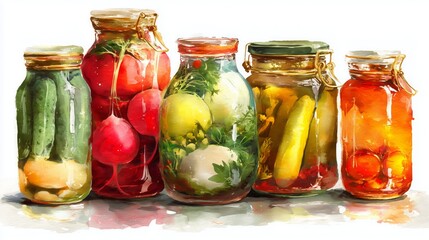 Colorful watercolor depiction of organic food in jars featuring fresh produce