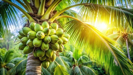 A cluster of coconuts with lush green leaves hanging from a tall tree branch, greenery, tropical,  greenery, tropical, palm trees