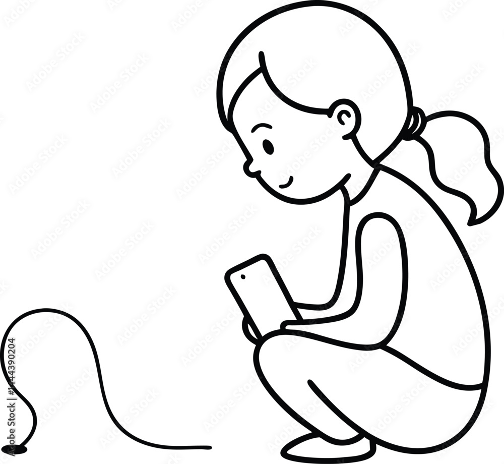 Poster child using a phone drawn in continuous line art style reflecting modern childhood digital interacti