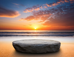 Blank rock podium stand on a tropical beach. Empty stone display platform on a white sand beach with sunrise or sunset sky. Minimalist coastal scene for mockups, product display, and relaxing themes.