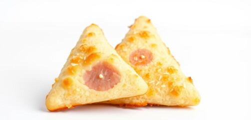 Close-up of two crispy fried white bread ham and cheese triangles on white background, meal, breakfast