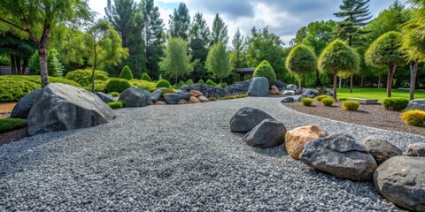 Fototapeta premium Dark grey crushed stone landscape with boulders and trees , gravel, crushed stone, gravel,crushed stone