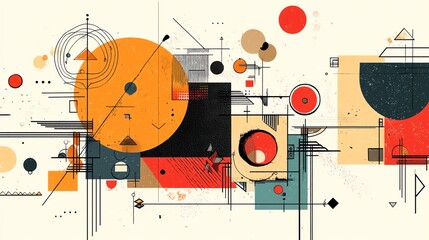 Colorful Geometric Abstract Art Composition with Circles Squares and Lines