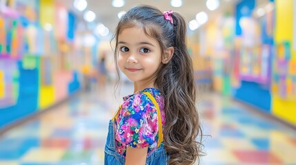 Little girl joyfully walking through colorful hallway being celebrated by classmates on last day of school