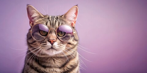 Whiskered feline friend dons trendy shades on a pastel purple hue gradient for a relaxed summer scene , feline, gradient