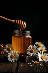 Honey Jar with Spoon: Glass of honey with wooden spoon dipped into it, placed wooden table with scattered wildflowers.	
